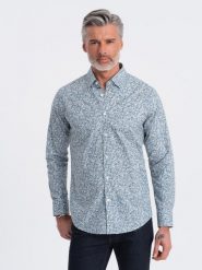 Koszula męska SLIM FIT w print drobnych liści - jasnoniebieska V1 OM-SHPS-0163 - XXL. Niebieskie koszule męskie Ombre Clothing, m, bez wzorów, z bawełny, bez kołnierzyka, bez ramiączek. W wyprzedaży za 69.99 zł.