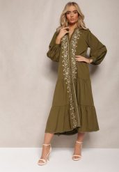 Ciemnozielona Midi Sukienka o Trapezowym Kroju z Ozdobnymi Haftami w Stylu Boho Tactila. Zielone sukienki damskie Renee, na jesień, l, bez wzorów, boho, bez kołnierzyka, bez ramiączek, midi, rozkloszowane. Za 169.99 zł.