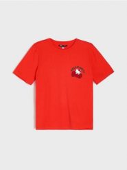 Bawełniana koszulka z krótkim rękawem Hello Kitty - czerwony. Czerwone t-shirty damskie Sinsay, l, bez wzorów, z bawełny, bez kołnierzyka. Za 29.99 zł.