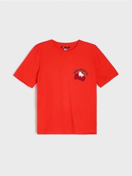 Bawełniana koszulka z krótkim rękawem Hello Kitty - czerwony. Czerwone t-shirty damskie Sinsay, l, bez wzorów, z bawełny, bez kołnierzyka. Za 29.99 zł.