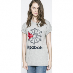 Reebok Classic - Top. Szare topy damskie Reebok Classic, z nadrukiem, z bawełny, z okrągłym kołnierzem, z krótkim rękawem. W wyprzedaży za 79.90 zł.