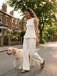 Komplet: top bez rękawów i szerokie spodnie z domieszką wiskozy - kremowy. Białe spodnie materiałowe damskie Sinsay, l, bez wzorów, z wiskozy. Za 79.99 zł.