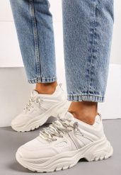 Beżowe Sneakersy na Nieregularnej Grubej Podeszwie z Cyrkoniami Adirka. Brązowe obuwie sportowe damskie Renee, bez wzorów, z jeansu. Za 99.99 zł.