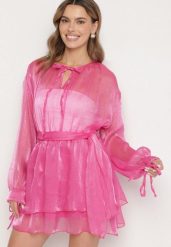 Fuksjowa Sukienka Ozdobiona Wiązaniem i Paskiem Nivoren. Czerwone sukienki dla dziewczynek Born2be, bez wzorów, eleganckie, bez ramiączek, długie. Za 139.99 zł.
