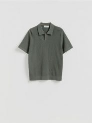Strukturalny sweter polo - jasny zielony. Zielone swetry przez głowę męskie Reserved, l, bez wzorów, z bawełny, bez kołnierzyka. Za 129.99 zł.