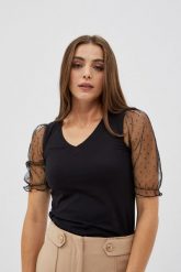 Bluzka czarna z ozdobnymi rękawami. Czarne bluzki damskie MOODO, s, bez wzorów, z bawełny, bez kołnierzyka, bez ramiączek. W wyprzedaży za 20.99 zł.