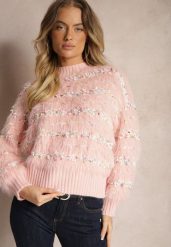 Różowy Sweter z Dodatkiem Bawełny Ozdobiony Kolorową Nicią Raiqua. Czerwone swetry damskie Renee, l, bez wzorów, z bawełny, casualowe, bez kołnierzyka, bez ramiączek, bez kaptura. Za 84.99 zł.