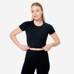 Koszulka do jogi i pilatesu Breathe. Czarne koszulki sportowe damskie DOMYOS, xs, bez wzorów, z elastanu, sportowe, bez kołnierzyka. Za 69.99 zł.