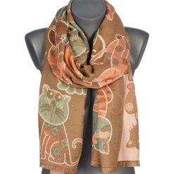 Beżowy Duży Szalik Damski Bawełniany Ciepły Dwustronny Koty Ax-127. Brązowe szaliki i chusty damskie bez wzorów, z bawełny, eleganckie. Za 59.99 zł.