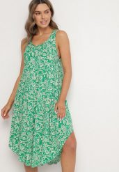Zielona Asymetryczna Sukienka Bawełniana w Ornamentalny Wzór Natialira. Zielone sukienki damskie Born2be, na co dzień, l, bez wzorów, z bawełny, eleganckie, z asymetrycznym kołnierzem, bez ramiączek, midi, asymetryczne. Za 39.99 zł.