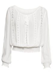 Bluza nakładana przez głowę z miękkiej wiskozy. Białe bluzki damskie bonprix, bez wzorów, z koronki, bez kołnierzyka, bez ramiączek. Za 139.99 zł.