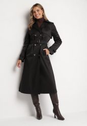 Czarny Płaszcz Trencz Dwurzędowy Ozdobiony Paskiemz Klamrą Tinbella. Czarne płaszcze damskie Born2be, l, bez wzorów, z jeansu, eleganckie, bez kaptura. Za 189.99 zł.