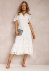 Biała Sukienka Corelaia. Białe sukienki damskie Renee, s, bez wzorów, z koronki, klasyczne, bez kołnierzyka, bez ramiączek, midi, rozkloszowane. Za 109.99 zł.