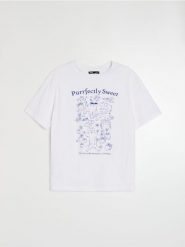 Bawełniana koszulka z motywem kotów - biały. Białe t-shirty damskie Sinsay, l, bez wzorów, z bawełny, bez kołnierzyka. Za 17.99 zł.