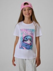 4F T-shirt regular z nadrukiem dziewczęcy - biały 134 (8-9 lat). Białe t-shirty i topy dla dziewczynek 4f, bez wzorów, z bawełny, bez ramiączek. Za 49.99 zł.