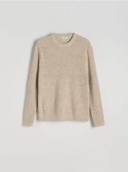 Dzianinowy sweter - beżowy. Brązowe swetry przez głowę męskie Reserved, l, bez wzorów, z bawełny, bez kołnierzyka. W wyprzedaży za 65.99 zł.