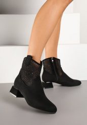 Czarne Botki na Słupku Vices Ozdobione Siateczką na Cholewce Deovenna. Czarne botki damskie Renee, eleganckie, bez obcasa, na obcasie, bez zapięcia. Za 129.99 zł.