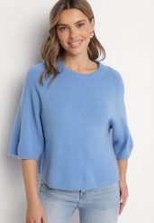 Niebieski Sweter z Wełną i Krótszym Rękawem Dannalie. Niebieskie swetry damskie Born2be, uniwersalny, bez wzorów, z jeansu, eleganckie, bez kołnierzyka, bez ramiączek, krótkie, bez kaptura. Za 159.99 zł.