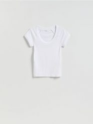T-shirt slim fit - biały. Białe t-shirty damskie Reserved, l, bez wzorów, z bawełny, bez kołnierzyka. Za 35.99 zł.