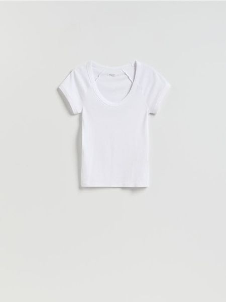 T-shirt slim fit - biały. Białe t-shirty damskie Reserved, l, bez wzorów, z bawełny, bez kołnierzyka. Za 35.99 zł.