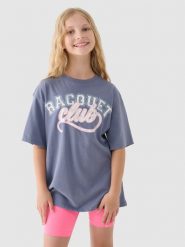4F T-shirt z nadrukiem dziewczęcy - granatowy 122 (6-7 lat). Niebieskie t-shirty i topy dla dziewczynek 4f, bez wzorów, z bawełny, bez ramiączek. W wyprzedaży za 19.99 zł.
