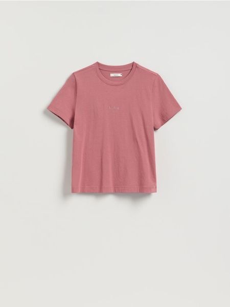T-shirt z nadrukiem - różowy. Czerwone t-shirty damskie Reserved, l, bez wzorów, z bawełny, bez kołnierzyka. W wyprzedaży za 55.99 zł.