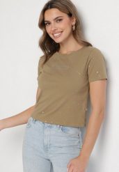 Ciemnozielony Bawełniany T-shirt Ozdobiony Cyrkoniami i Brokatem Halirea. Zielone bluzki damskie Born2be, m, z aplikacjami, z bawełny, eleganckie, bez kołnierzyka. Za 34.99 zł.