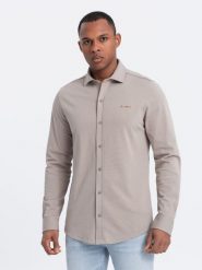 Męska bawełniana koszula REGULAR z dzianiny single jersey - popielata V5. Szare koszule męskie Ombre Clothing, m, bez wzorów, z bawełny, bez kołnierzyka, bez ramiączek. W wyprzedaży za 79.99 zł.