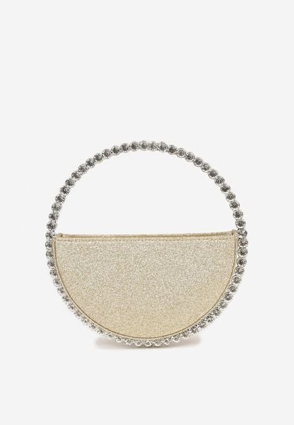 Złota Okrągła Torebka Koktajlowa Ozdobiona Cyrkoniami i Brokatem Fesimala. Żółte torebki do ręki damskie Renee, bez wzorów, eleganckie, bez dodatków. Za 79.99 zł.