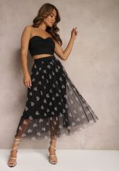 Czarna Tiulowa Rozkloszowana Spódnica Plisowana z Aplikacjami Serc i Gumką w Pasie Missari. Czarne spódnice damskie Renee, l, z aplikacjami, z tiulu, eleganckie, midi, plisowane. Za 44.99 zł.
