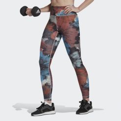 Damskie legginsy z wysokim stanem z nadrukiem adidas Training Essentials. Czerwone legginsy sportowe damskie Adidas, xl, bez wzorów, z podwyższonym stanem, na fitness i siłownię. W wyprzedaży za 147.25 zł.
