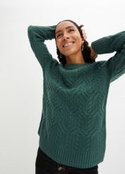 Sweter z okrągłym dekoltem i wzorem w warkocze. Zielone swetry damskie bonprix, bez wzorów, bez kołnierzyka, bez ramiączek, bez kaptura. Za 99.99 zł.