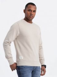 Męska bluza dresowa BASIC z okrągłym dekoltem - jasnobeżowa V1. Brązowe bluzy męskie Ombre Clothing, m, bez wzorów, z bawełny, bez kaptura. Za 145.99 zł.