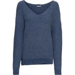 Sweter z szenili bonprix indygo. Niebieskie swetry damskie bonprix, z dekoltem w serek. Za 79.99 zł.