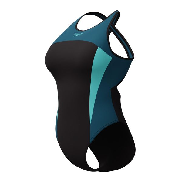 Strój pływacki jednoczęściowy damski Speedo High Neck Splice Cross Back. Czarne kostiumy jednoczęściowe damskie Speedo, xs, bez wzorów, sportowe, do pływania. Za 159.99 zł.