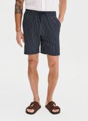 PAKO LORENTE - Granatowe spodenki męskie w prążek z lnem. Spodnie materiałowe męskie Pako Lorente, m, bez wzorów, z bawełny. Za 169.99 zł.