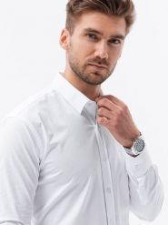 Koszula męska z długim rękawem SLIM FIT - biała - Rozmiar: S. Białe koszule męskie Ombre Clothing, m, bez wzorów, z bawełny, bez kołnierzyka, bez ramiączek. W wyprzedaży za 39.99 zł.