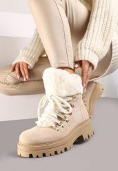 Beżowe Traperki z Futerkiem na Grubej Podeszwie Tairene. Brązowe śniegowce i trapery damskie Renee, z jeansu. Za 129.99 zł.