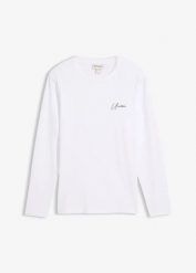 Bluzka z długim rękawem z bawełny organicznej, slim fit. Białe bluzki z długim rękawem męskie bonprix, m, bez wzorów, z bawełny, bez kołnierzyka. Za 64.99 zł.