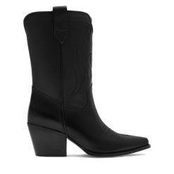 Kowbojki Badura. Czarne botki damskie Badura, bez obcasa, na słupku, bez zapięcia. Za 449.99 zł.
