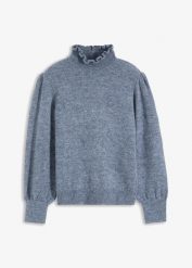 Sweter z golfem i falistym wykończeniem. Szare swetry damskie bonprix, bez wzorów, bez kołnierzyka, bez ramiączek, bez kaptura. Za 129.99 zł.
