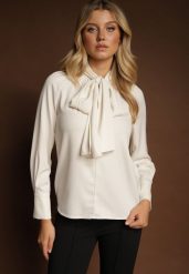 Jasnobeżowa Bluzka Vices Ozdobiona Kokardą Overile. Brązowe bluzki damskie Renee, l, bez wzorów, z jeansu, eleganckie, bez kołnierzyka, bez ramiączek. Za 99.99 zł.