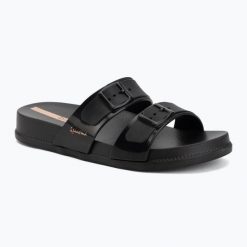 Klapki damskie Ipanema Leme Slide. Czarne klapki damskie Ipanema, bez wzorów, z materiału, eleganckie, bez obcasa. Za 94.99 zł.