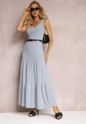Niebieska Rozkloszowana Sukienka Maxi z Bawełnianej Tkaniny Galaise. Niebieskie sukienki damskie Renee, na co dzień, na lato, l, bez wzorów, z bawełny, eleganckie, bez kołnierzyka, bez ramiączek, maxi, rozkloszowane. Za 84.99 zł.