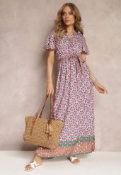 Różowa Sukienka Maxi z Paskiem i Gumką w Talii w Ornamentalny Wzór Calvim. Czerwone sukienki damskie Renee, l, bez wzorów, bez kołnierzyka, bez ramiączek, maxi. Za 69.99 zł.