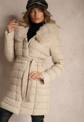 Beżowa Kurtka Pikowana Wiązana w Talii z Futerkiem Odpinanym na Kapturze Firinka. Brązowe kurtki damskie Renee, l, bez wzorów, z jeansu, bez kaptura. Za 139.99 zł.