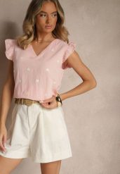 Różowa Bluzka z Bawełny w Kwiaty z Falbankami Aravindra. Czerwone t-shirty i topy dla dziewczynek Renee, bez wzorów, z bawełny, bez ramiączek. Za 59.99 zł.