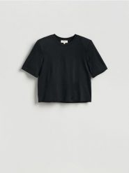 T-shirt boxy z domieszką jedwabiu - czarny. Czarne t-shirty damskie Reserved, l, bez wzorów, z bawełny, bez kołnierzyka. Za 99.99 zł.