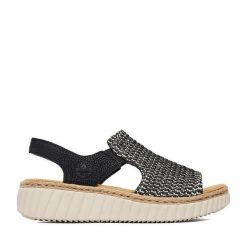 Sandały Rieker. Czarne sandały damskie Rieker, bez wzorów, bez obcasa, na płaskiej podeszwie, bez zapięcia. Za 299.99 zł.