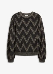 Sweter z cienkiej dzianiny z efektem połysku. Czarne swetry damskie bonprix, bez wzorów, z dzianiny, bez kołnierzyka, bez ramiączek, bez kaptura. Za 134.99 zł.